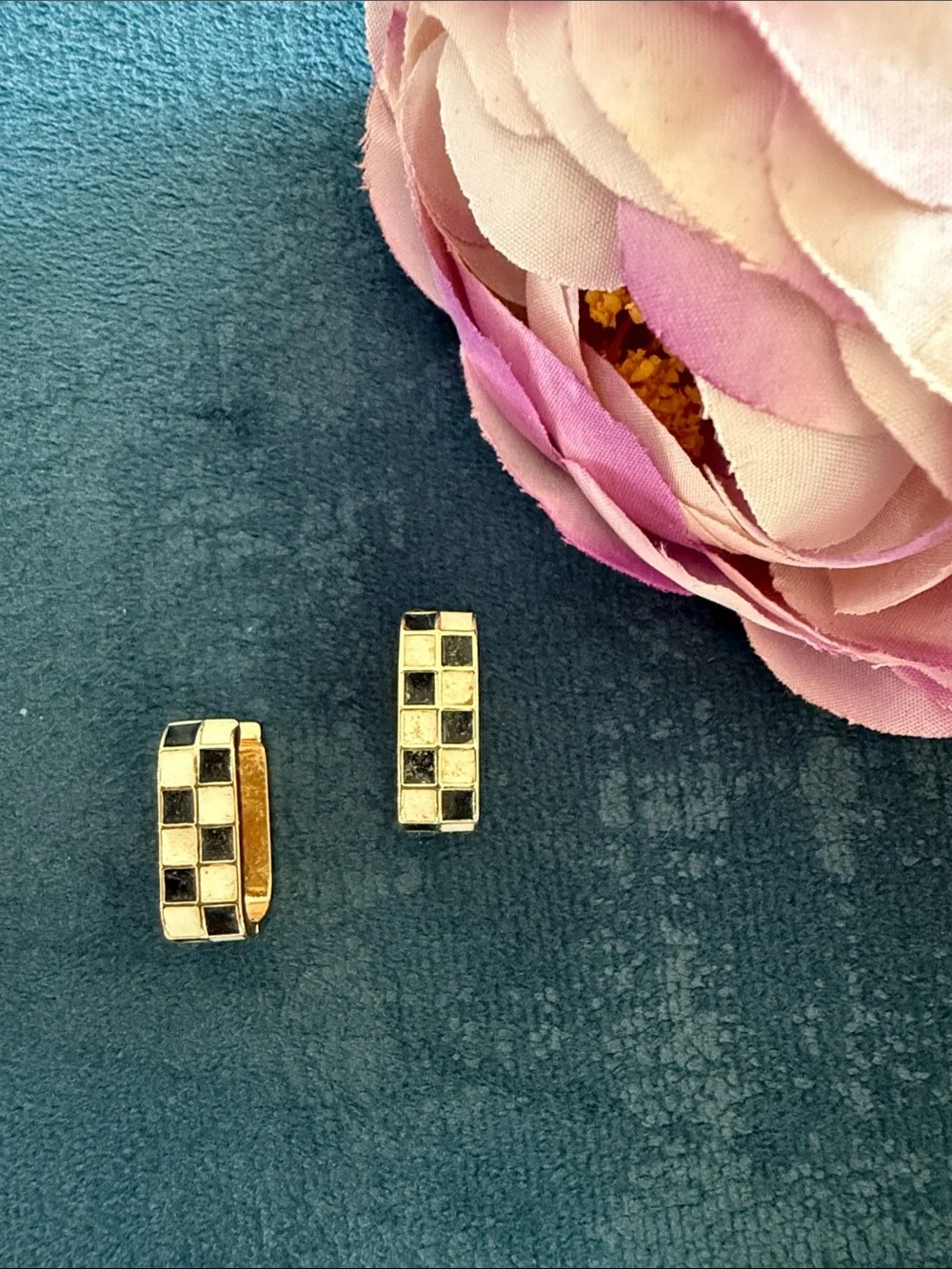 Gold Toned Huggie Earrings with Black and White Checkerboard